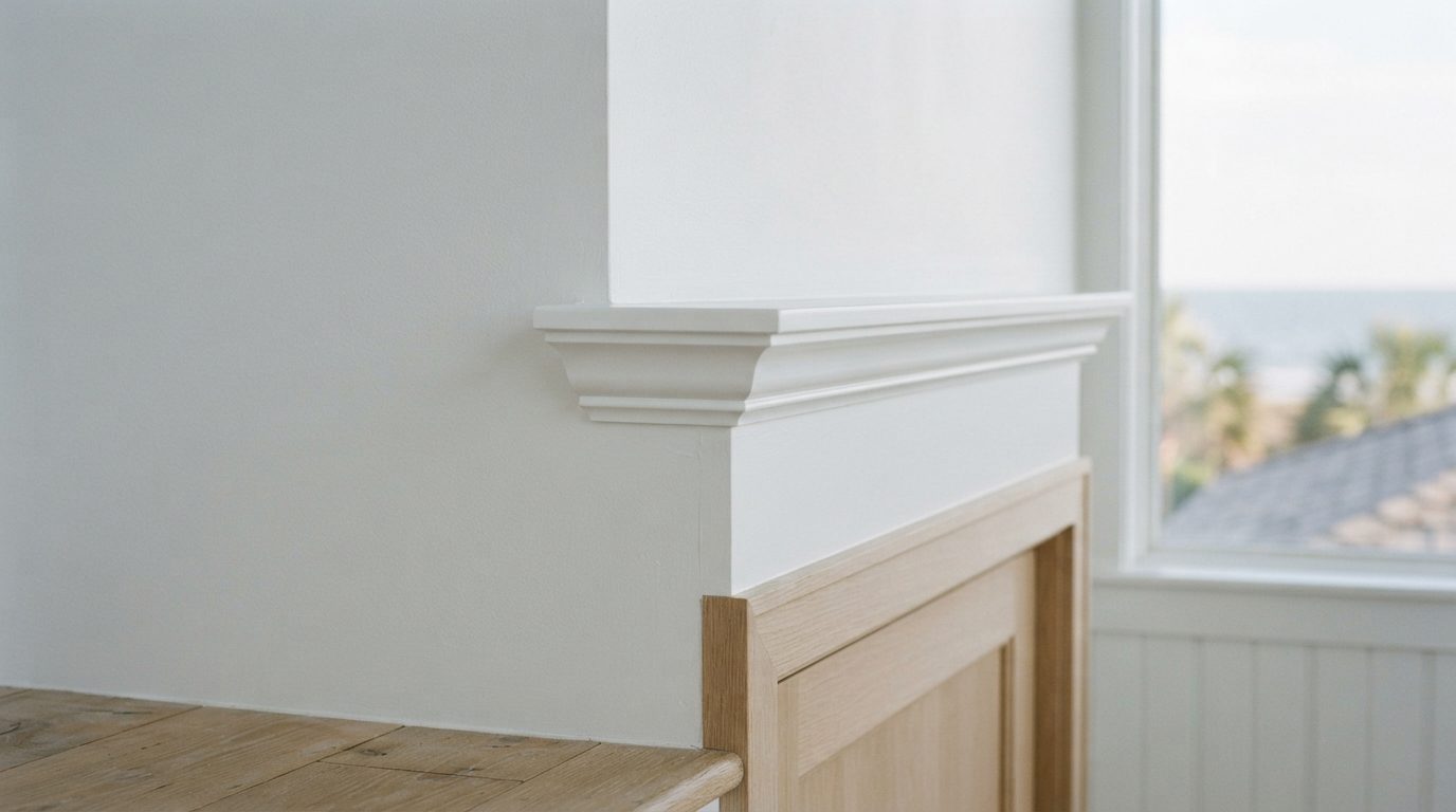 Smooth finished white wall meeting crown molding in a Gulf Coast cottage