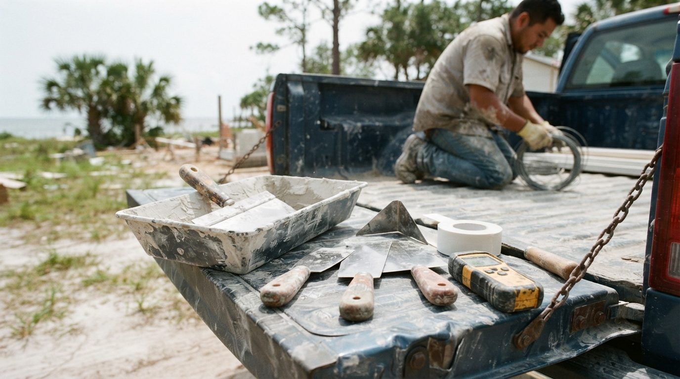Drywall tools on a tailgate: taping knives, hopper gun, moisture meter, paper tape