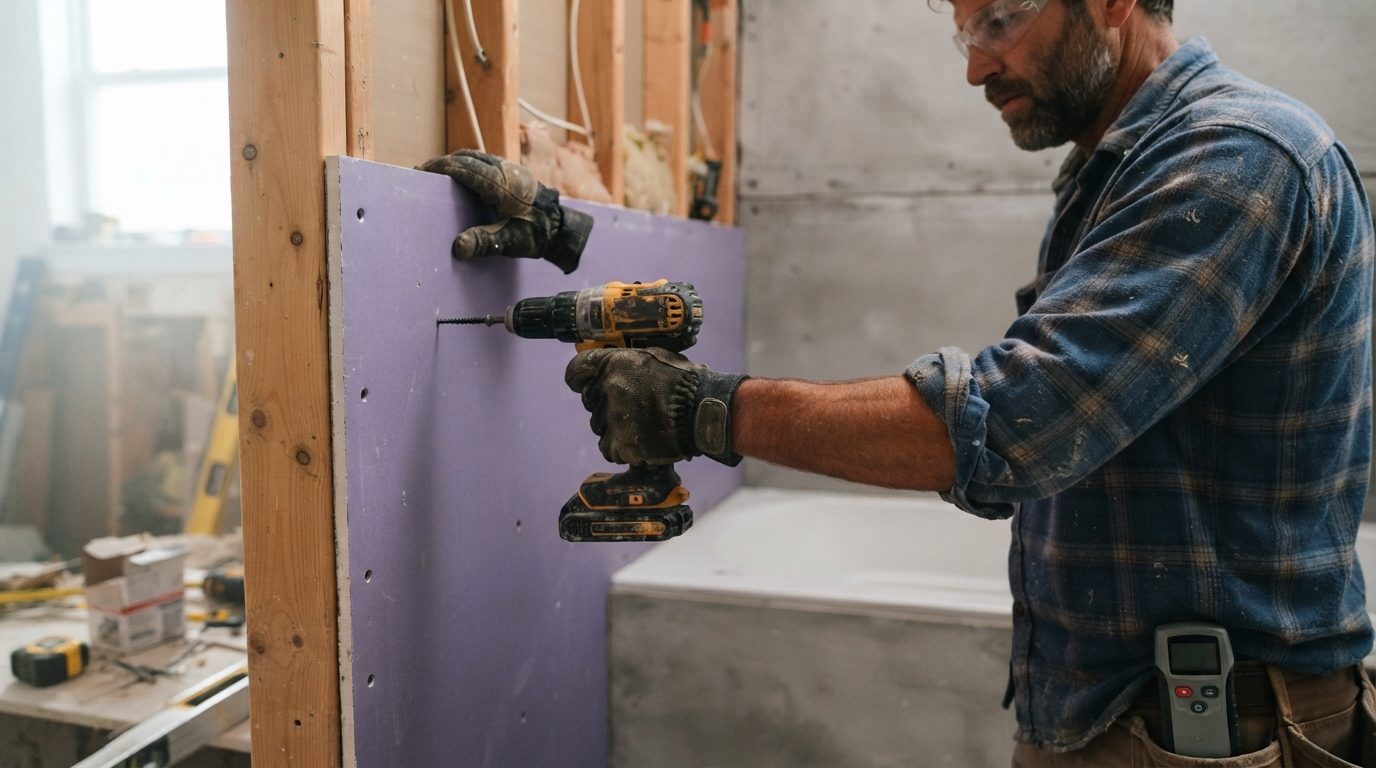 Mold-resistant purple drywall being screwed to studs in a bathroom next to cement board